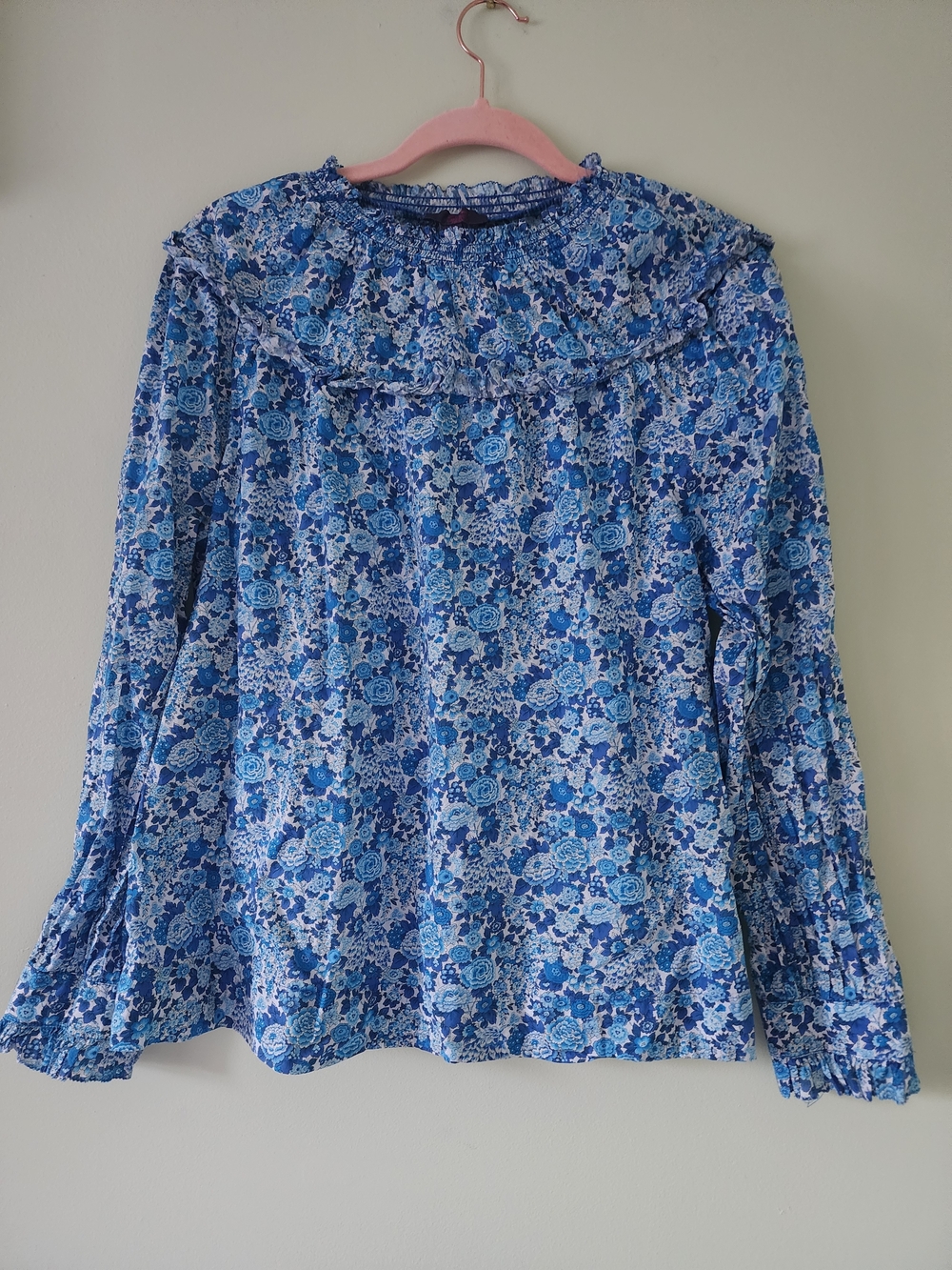 J. Crew Blue Floral Ruffle-Yoke Long Sleeve Blouse